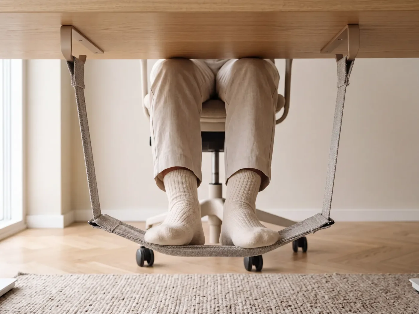 Pieds en chaussettes claires posés à plat sur une sangle repose-pieds tendue sous un plateau de bureau, personne assise.