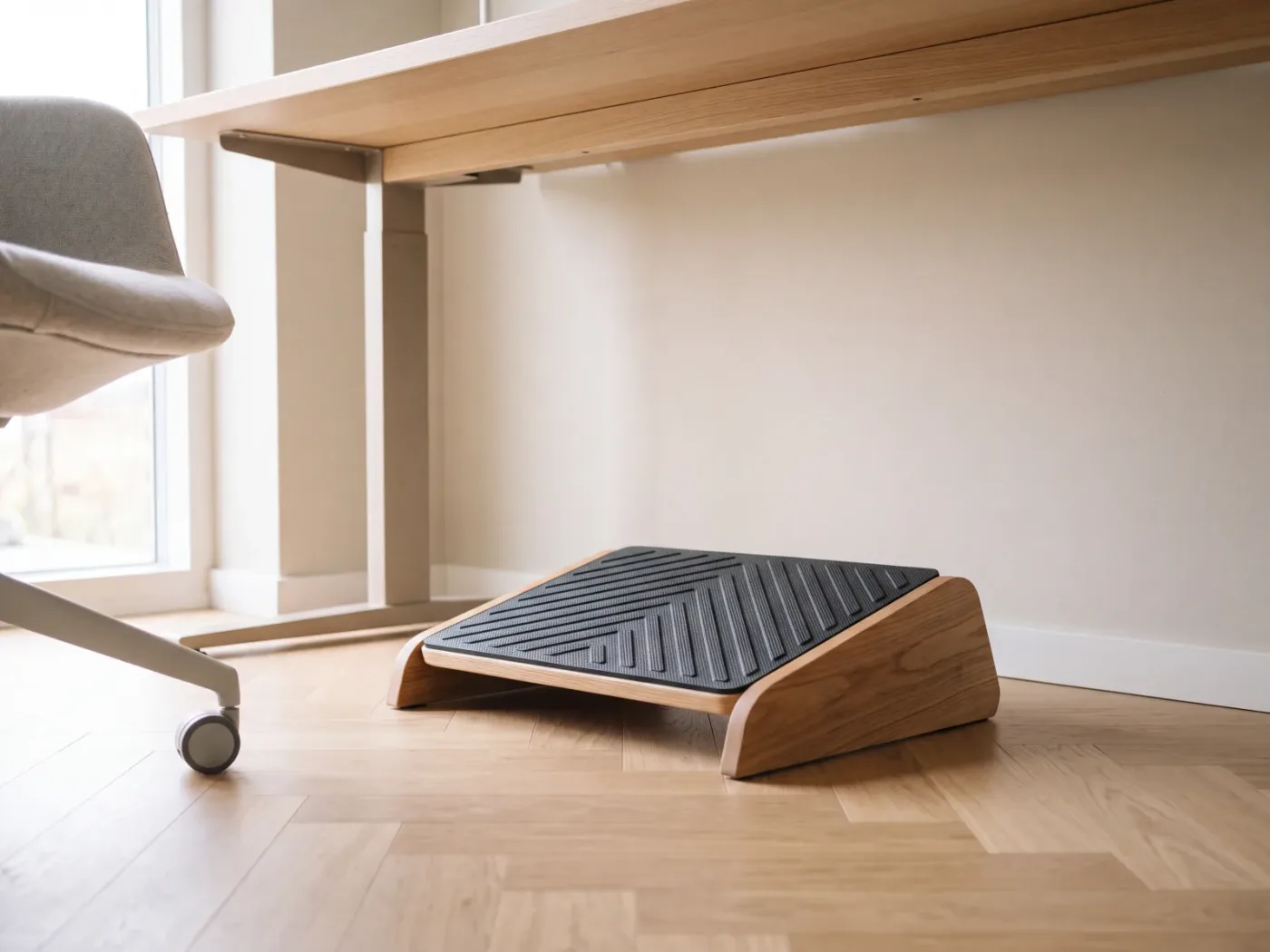 Un repose-pieds ergonomique de faible hauteur posé au sol sous un bureau clair, sa surface antidérapante visible.