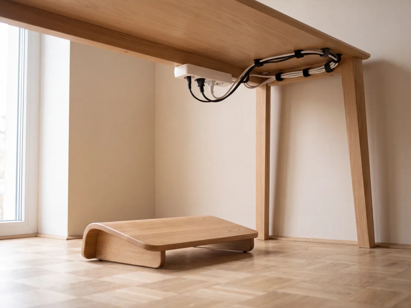 Le dessous dégagé d'un plateau de bureau étroit, avec une multiprise fixée sous le plateau, les câbles regroupés et un repose-pieds bas logé au sol.
