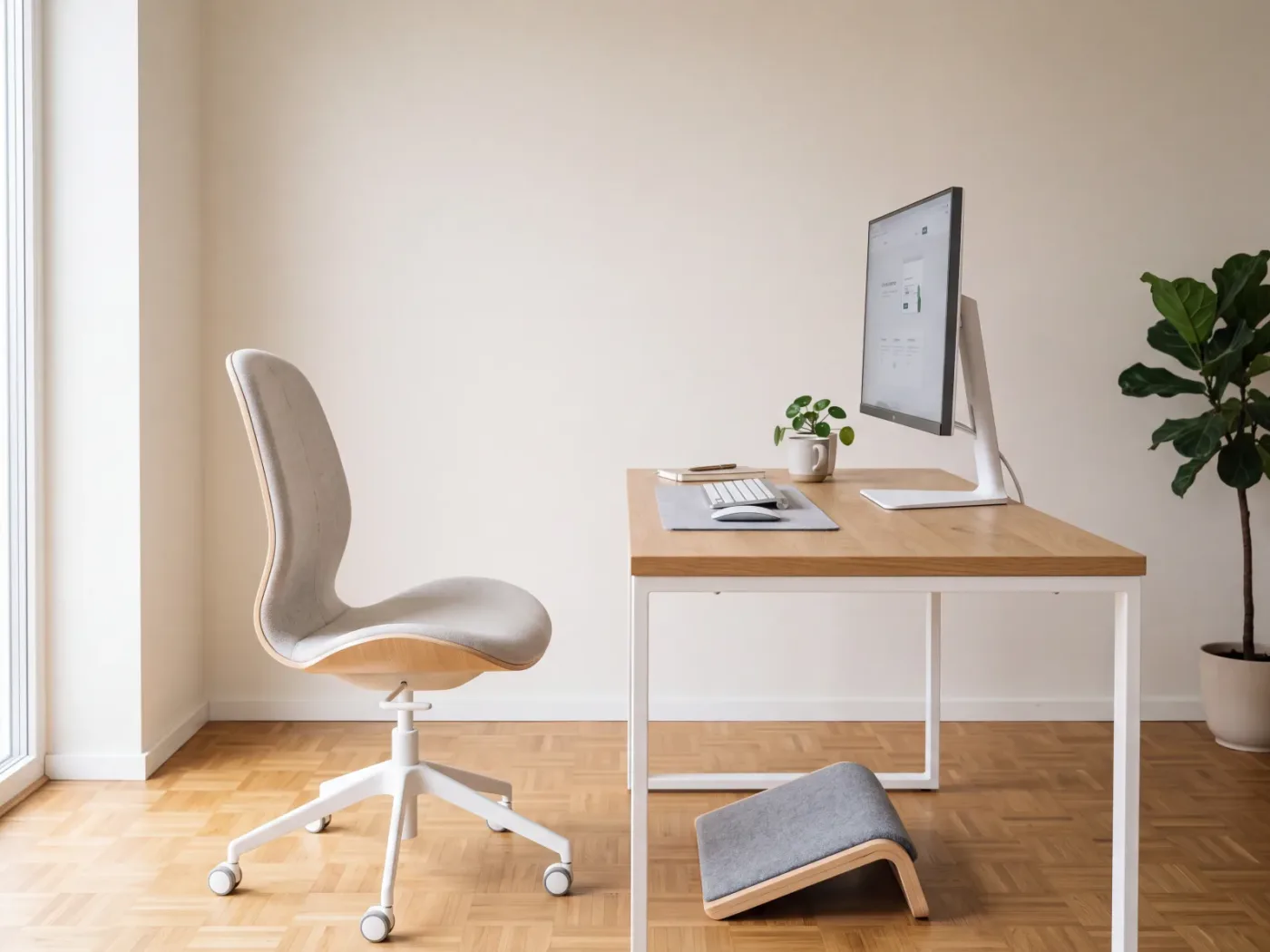 Un poste de travail vide vu de profil : siège, bureau clair, écran sur pied et repose-pieds posé au sol.
