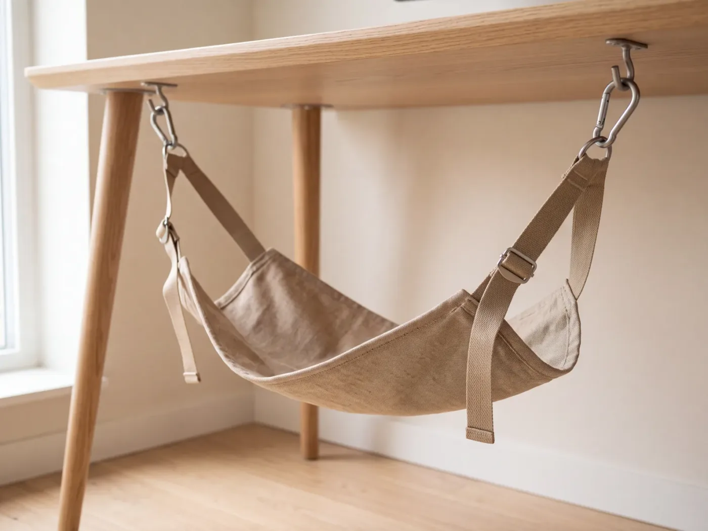 Un hamac repose-pieds en tissu tendu entre deux crochets posés sur le bord d'un plateau de bureau, sangles de réglage visibles.