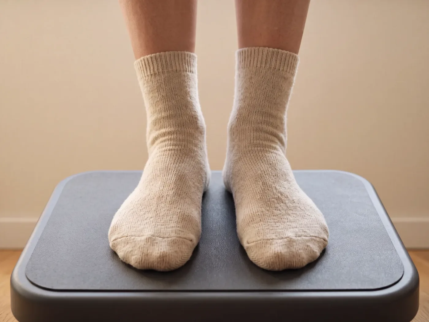 Deux pieds en chaussettes claires posés bien à plat sur un plateau repose-pieds gris, cadrés aux chevilles.