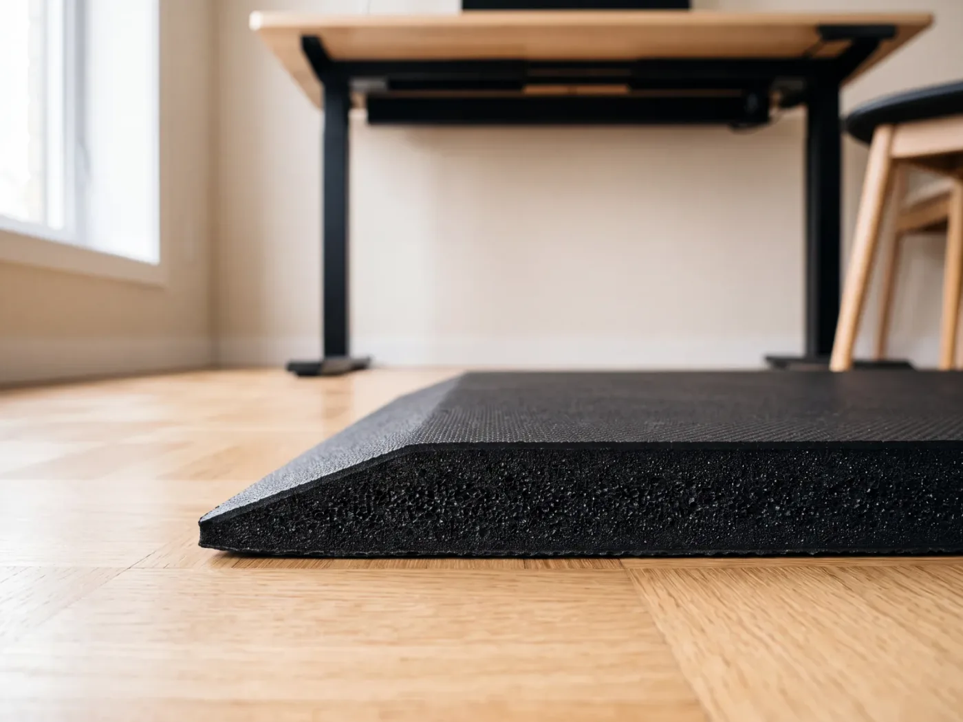 Gros plan sur le bord chanfreiné d'un tapis anti-fatigue épais posé au sol devant un bureau relevé en position debout.