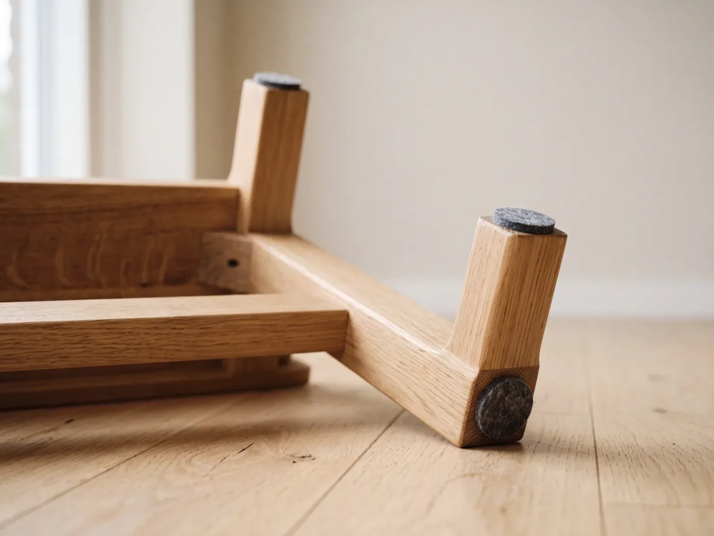 Gros plan sur l'angle du socle d'un repose-pieds retourné, avec des pastilles de feutre autocollant collées sous l'appui.