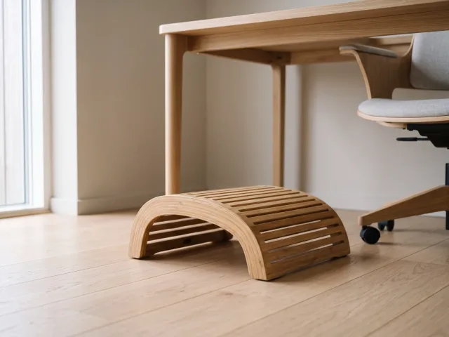 Un repose-pieds en bambou lamellé-collé posé au sol sous un bureau en bois clair, vu de trois quarts.