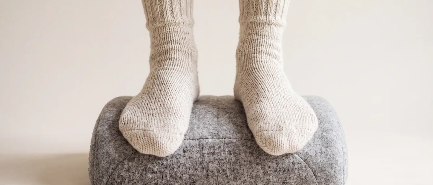 Deux pieds en chaussettes épaisses posés sur un repose-pieds chauffant garni de tissu doux, cadrés aux chevilles.