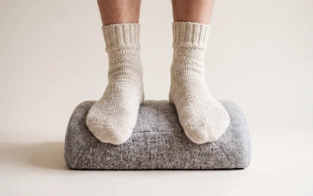 Deux pieds en chaussettes épaisses posés sur un repose-pieds chauffant garni de tissu doux, cadrés aux chevilles.
