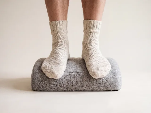 Deux pieds en chaussettes épaisses posés sur un repose-pieds chauffant garni de tissu doux, cadrés aux chevilles.