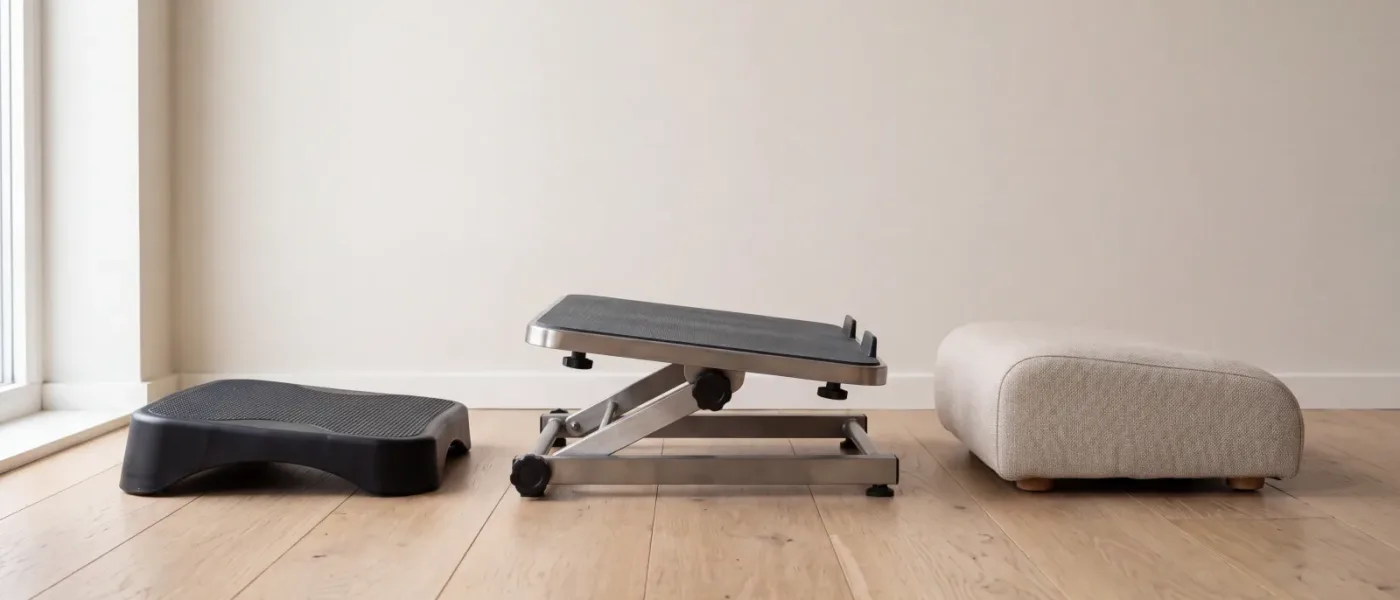 Trois repose-pieds de familles différentes alignés côte à côte : un plateau plastique fixe, un modèle réglable à châssis métallique et un coussin ferme en mousse.