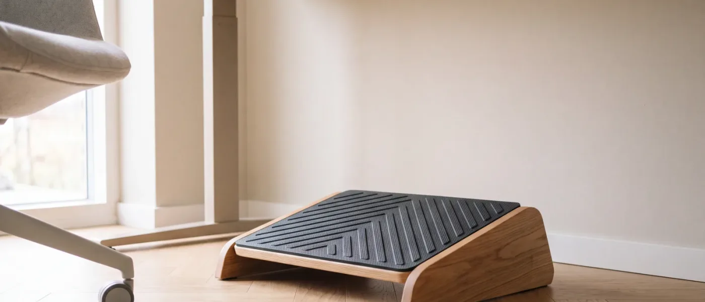Un repose-pieds ergonomique de faible hauteur posé au sol sous un bureau clair, sa surface antidérapante visible.
