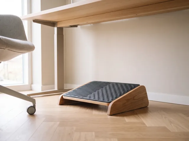 Un repose-pieds ergonomique de faible hauteur posé au sol sous un bureau clair, sa surface antidérapante visible.