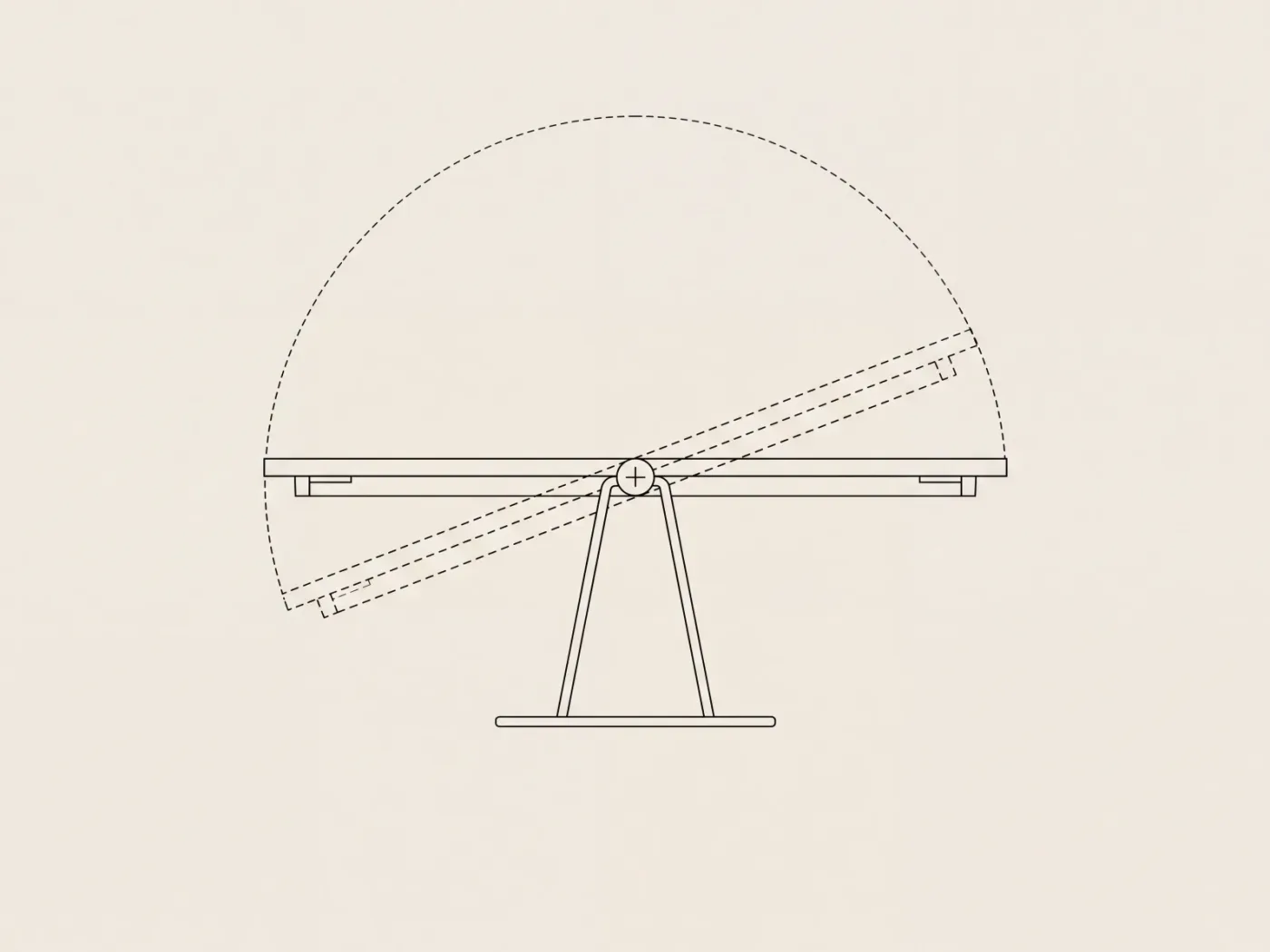 Schéma de profil d’un plateau basculant sur son axe, dessiné à l’horizontale en trait plein et dans ses deux positions extrêmes en pointillés, reliées par un arc de cercle.