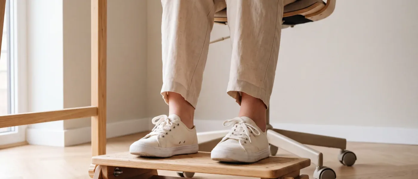 Deux petits pieds chaussés de baskets claires posés à plat sur un repose-pieds réglable, cadrés du genou aux pieds.