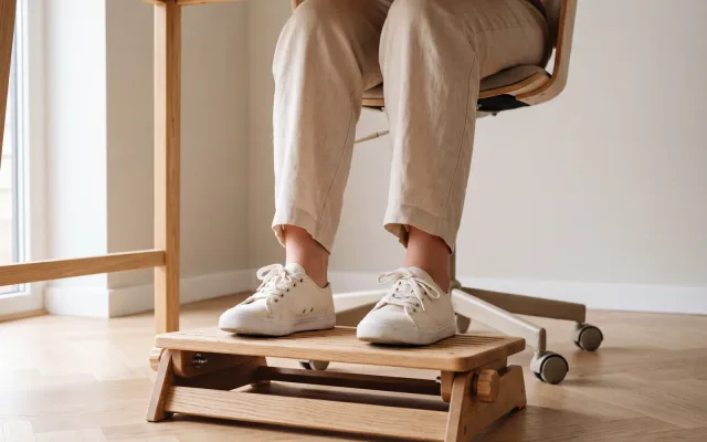 Deux petits pieds chaussés de baskets claires posés à plat sur un repose-pieds réglable, cadrés du genou aux pieds.