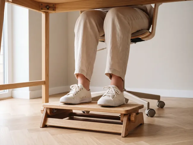 Deux petits pieds chaussés de baskets claires posés à plat sur un repose-pieds réglable, cadrés du genou aux pieds.