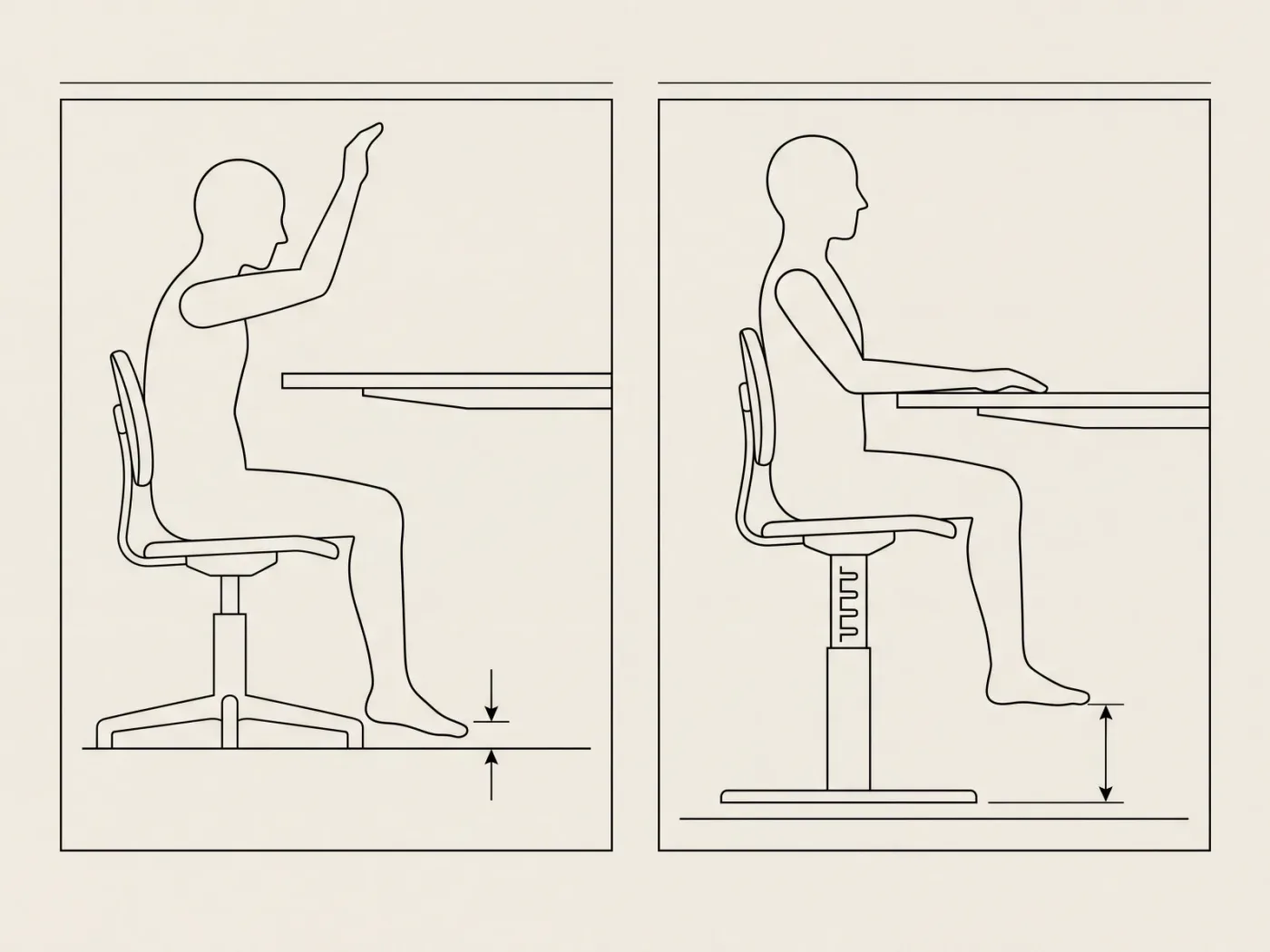 Schéma en deux vignettes : la même silhouette d’enfant devant un bureau haut, siège bas puis siège remonté, avec la flèche mesurant le vide sous le talon qui s’allonge.