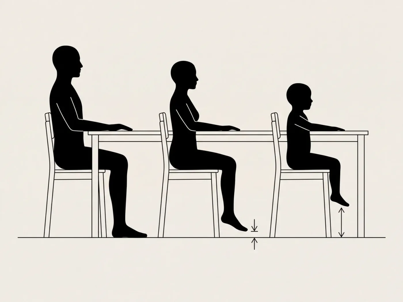 Schéma de trois silhouettes de tailles différentes assises au même bureau, avec sous chacune une flèche mesurant le vide entre le talon et le sol.