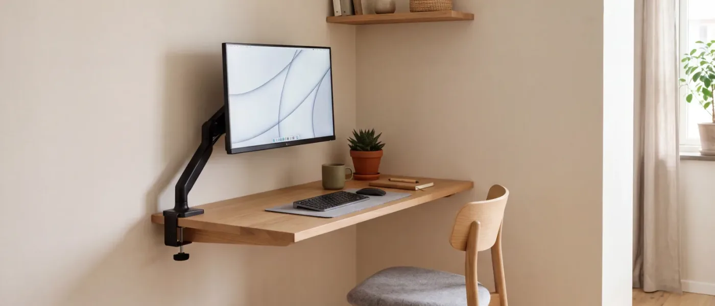 Un coin bureau étroit installé dans un angle : tablette murale peu profonde, chaise en bois, écran sur bras à pince et étagère de rangement au-dessus.