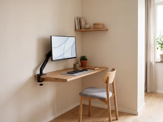 Un coin bureau étroit installé dans un angle : tablette murale peu profonde, chaise en bois, écran sur bras à pince et étagère de rangement au-dessus.