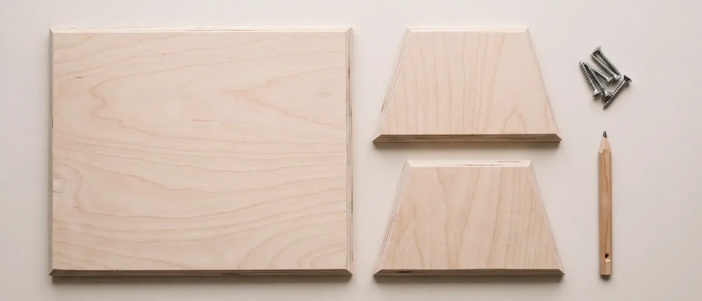Trois pièces de contreplaqué clair posées à plat vues de dessus, une plaque rectangulaire et deux joues en trapèze, avec des vis et un crayon de menuisier.