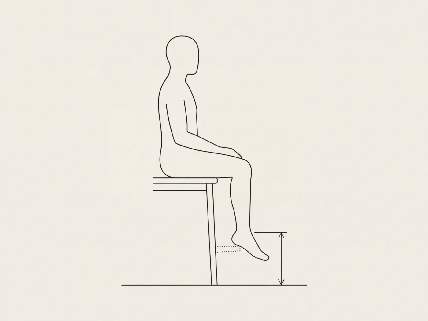 Schéma d’une silhouette assise dont les pieds pendent, avec une cote à double flèche entre le talon et le sol et un repose-pieds en pointillés dans cet intervalle.