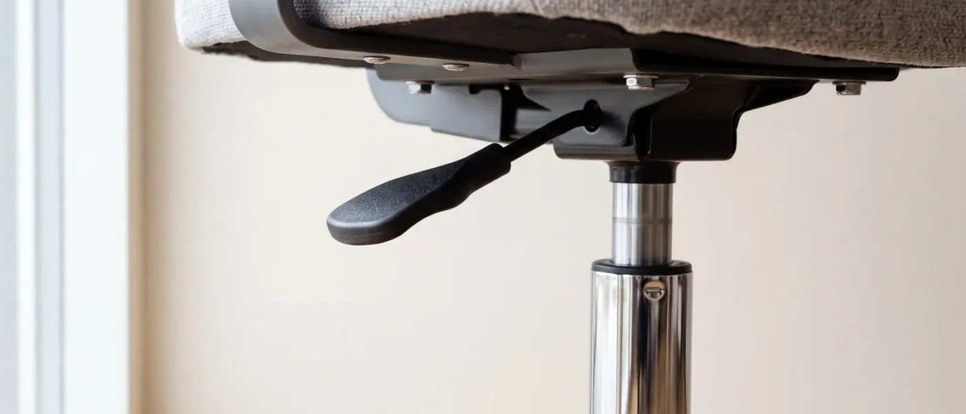 Gros plan sur la manette de réglage de hauteur sous l'assise d'un siège de bureau, avec le vérin chromé visible.