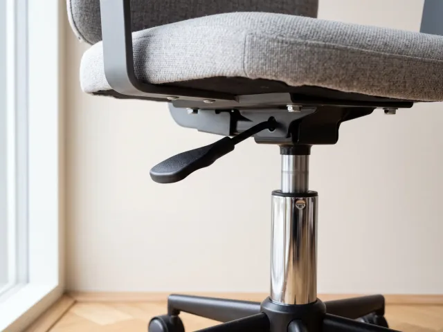 Gros plan sur la manette de réglage de hauteur sous l'assise d'un siège de bureau, avec le vérin chromé visible.