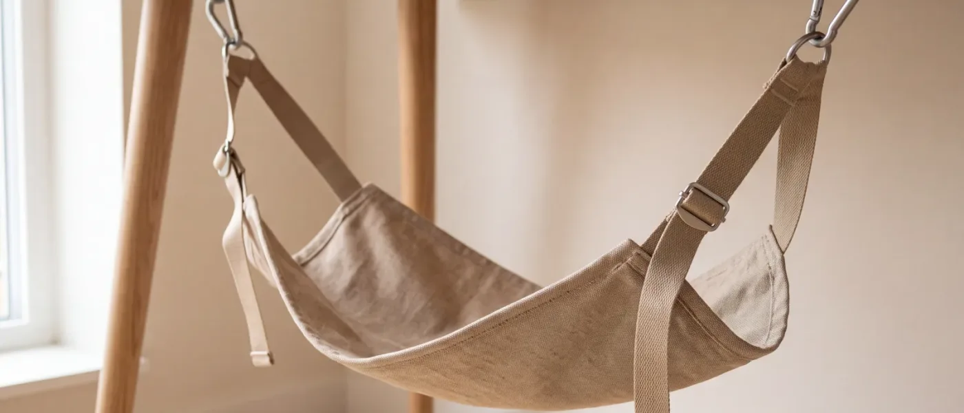 Un hamac repose-pieds en tissu tendu entre deux crochets posés sur le bord d'un plateau de bureau, sangles de réglage visibles.