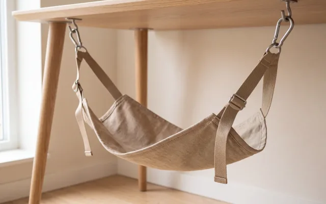 Un hamac repose-pieds en tissu tendu entre deux crochets posés sur le bord d'un plateau de bureau, sangles de réglage visibles.