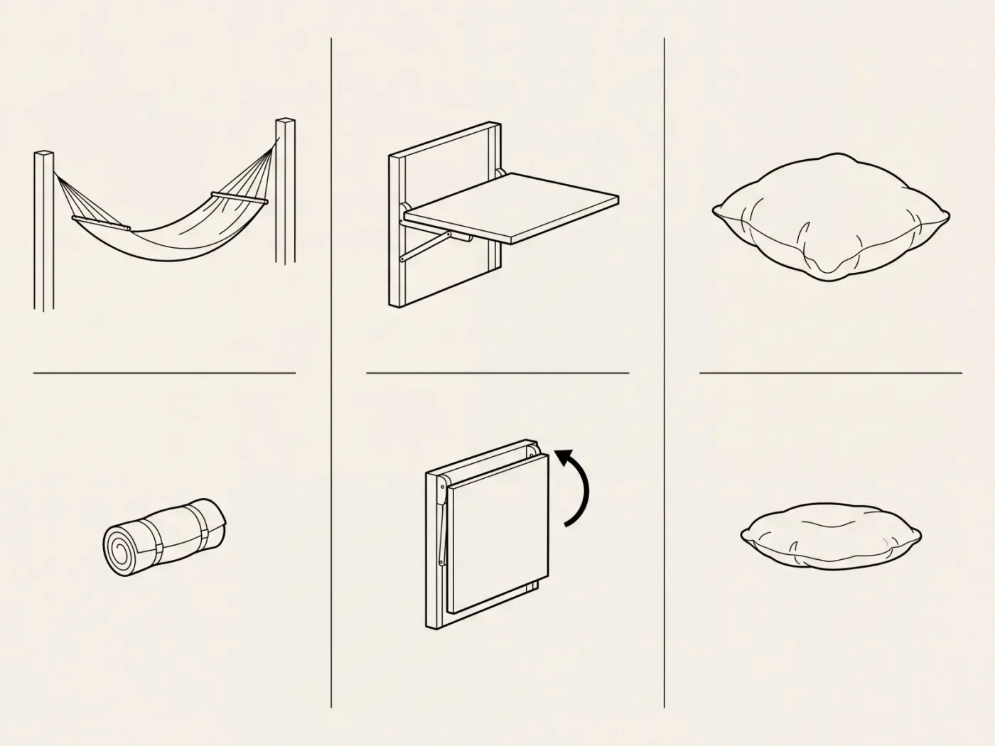 Schéma en trois colonnes montrant un hamac, un plateau rabattable et un coussin, chacun dessiné en service puis rangé.