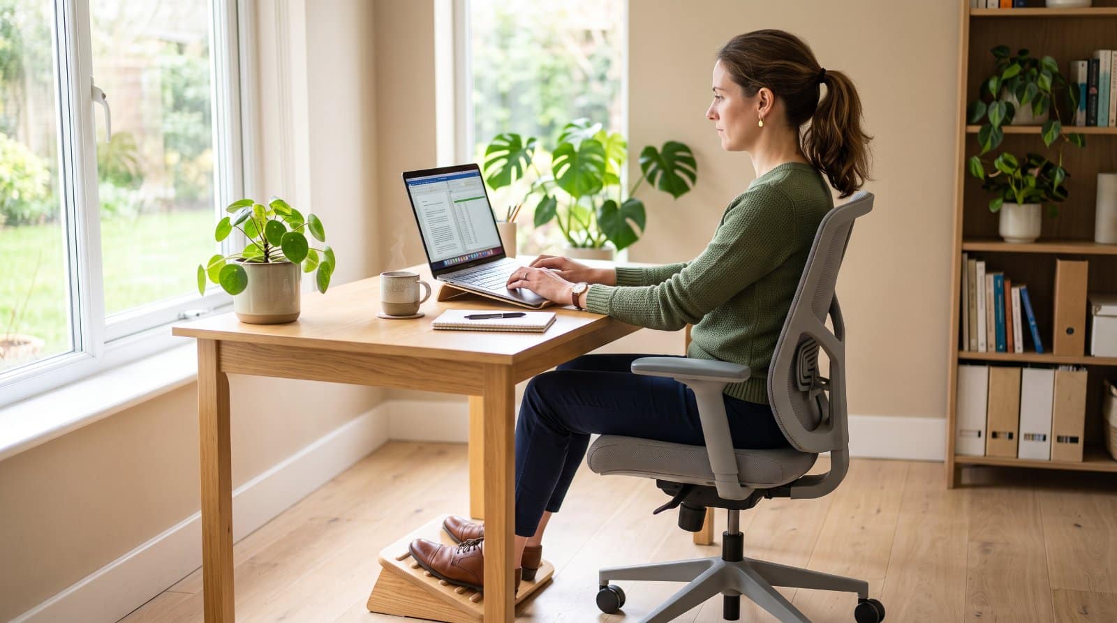 Posture ergonomique au bureau avec un repose-pieds : dos au dossier, genoux à 90°, pieds à plat