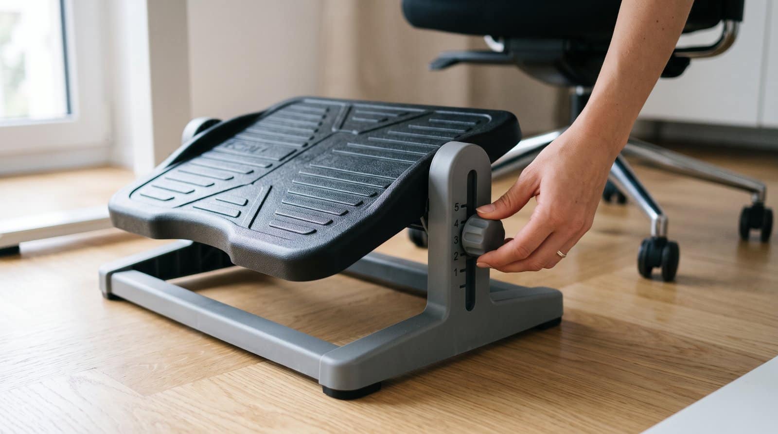 Réglage de la hauteur d'un repose-pieds de bureau réglable à crans