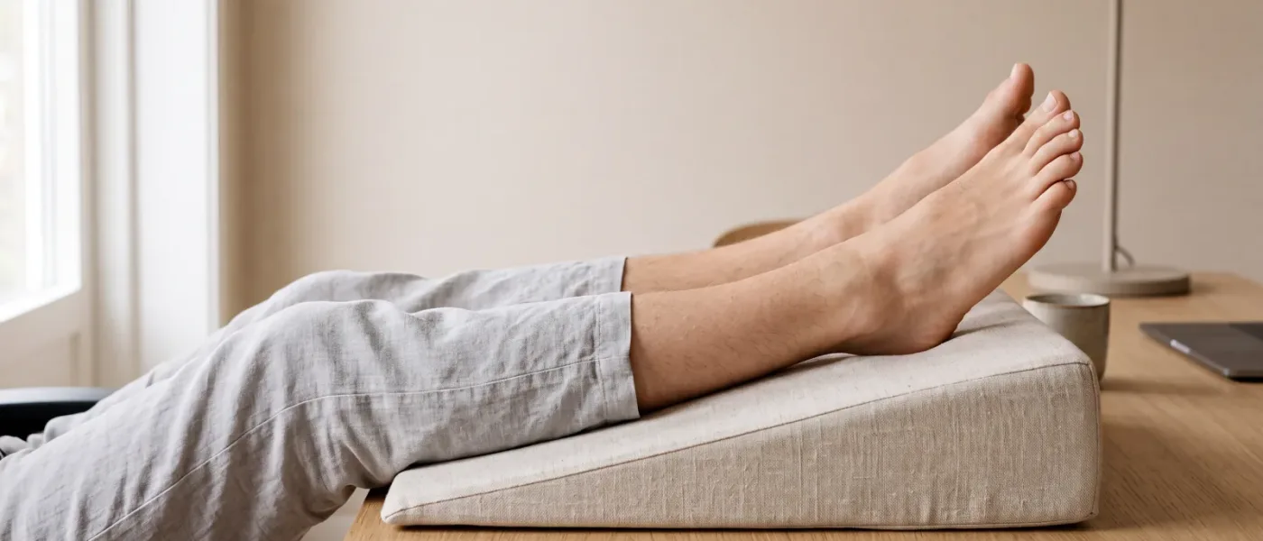 Deux jambes tendues, mollets et pieds nus posés sur un coussin de surélévation en mousse recouvert de tissu clair.