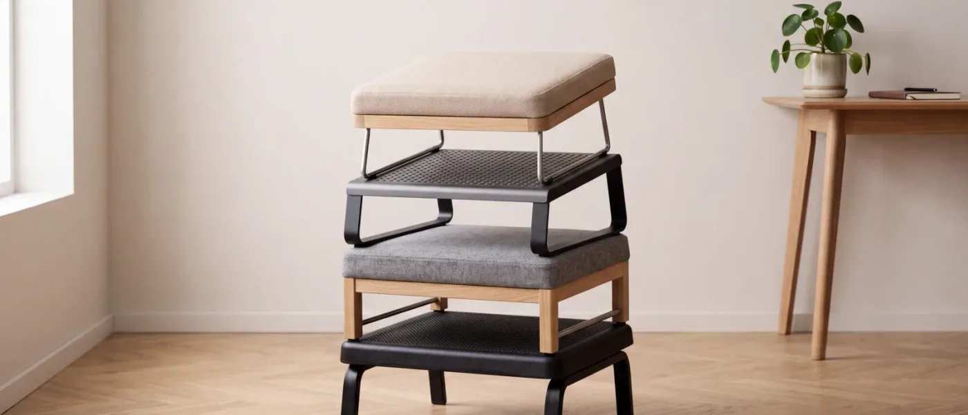 Quatre repose-pieds de modèles différents empilés les uns sur les autres, plateaux en plastique, tissu et métal alternés.