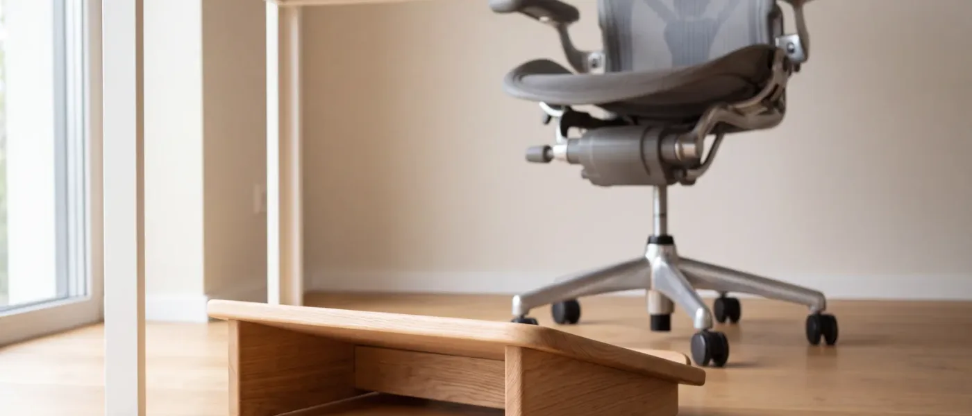 Un repose-pieds à plateau rigide posé au sol sous un bureau clair, avec un siège de bureau en retrait.