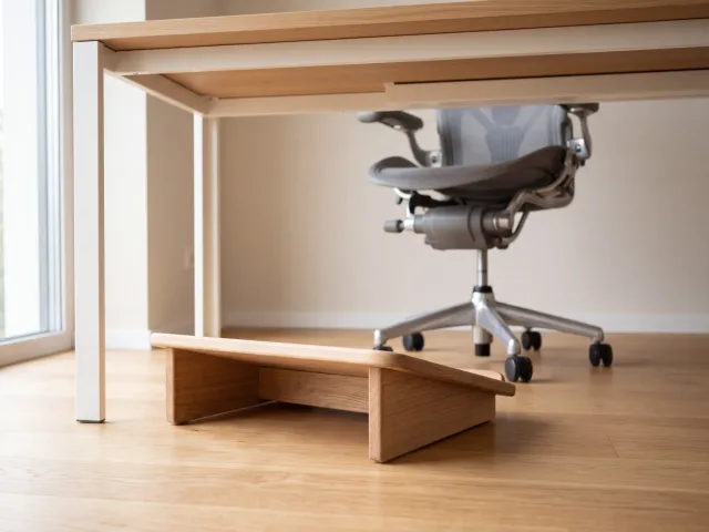 Un repose-pieds à plateau rigide posé au sol sous un bureau clair, avec un siège de bureau en retrait.