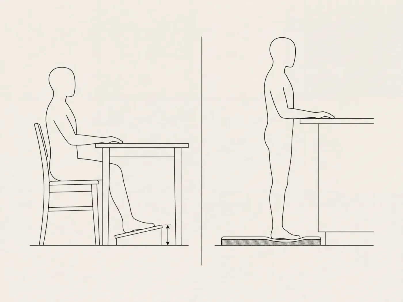 Schéma comparant deux postures : à gauche une silhouette assise les pieds sur un plateau surélevé, à droite une silhouette debout sur un tapis épais.