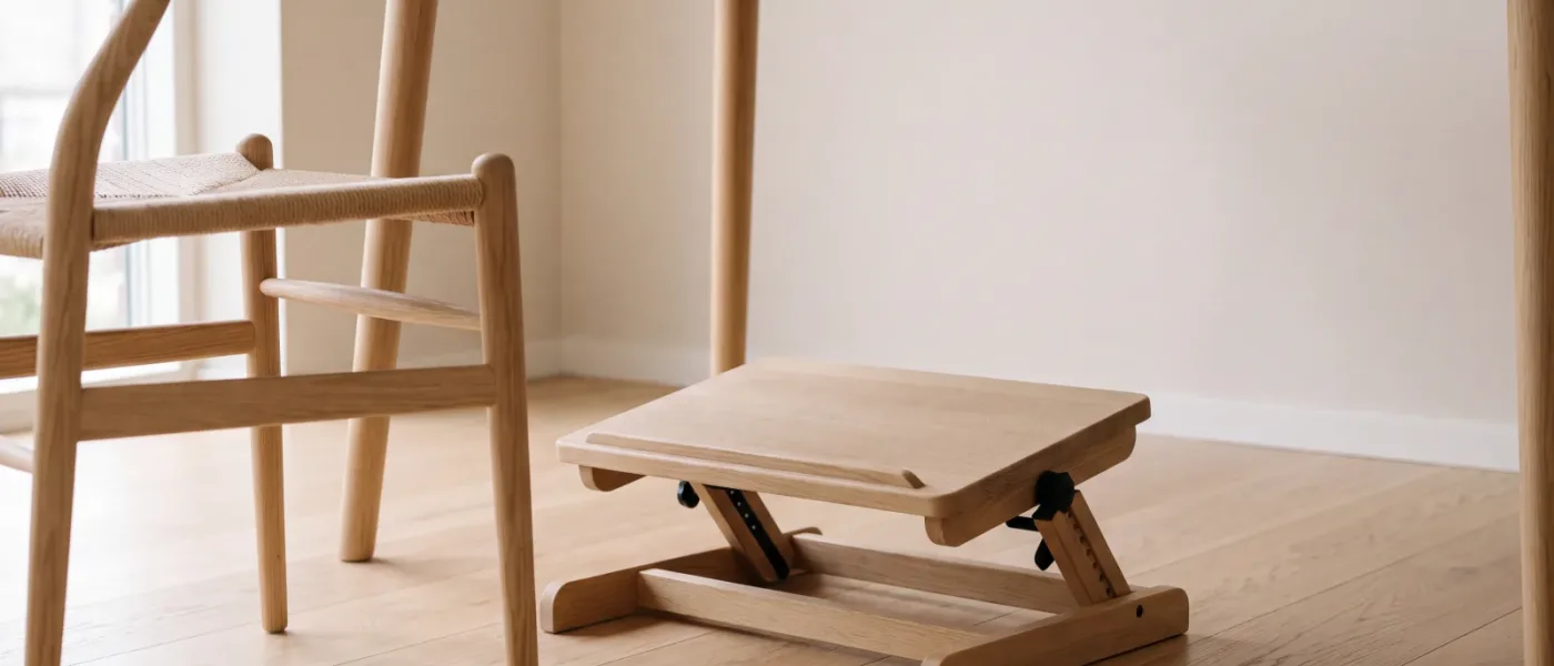 Un repose-pieds réglable posé sur un parquet clair sous une table de salle à manger en bois, à côté d'une chaise en bois.