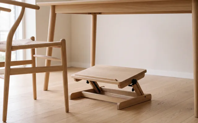 Un repose-pieds réglable posé sur un parquet clair sous une table de salle à manger en bois, à côté d'une chaise en bois.