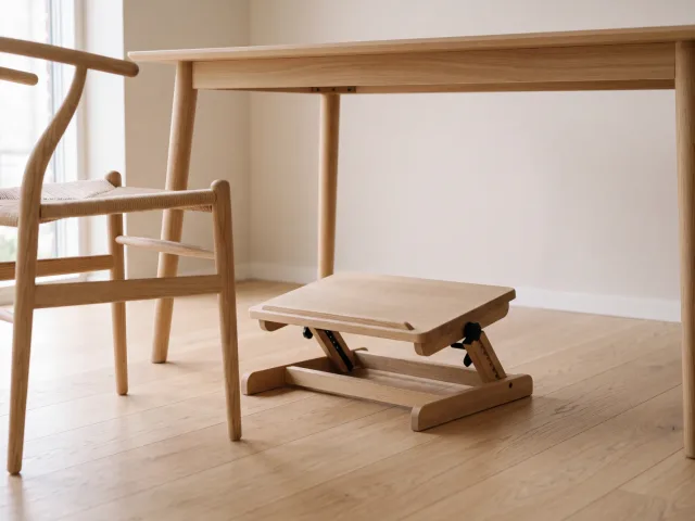 Un repose-pieds réglable posé sur un parquet clair sous une table de salle à manger en bois, à côté d'une chaise en bois.