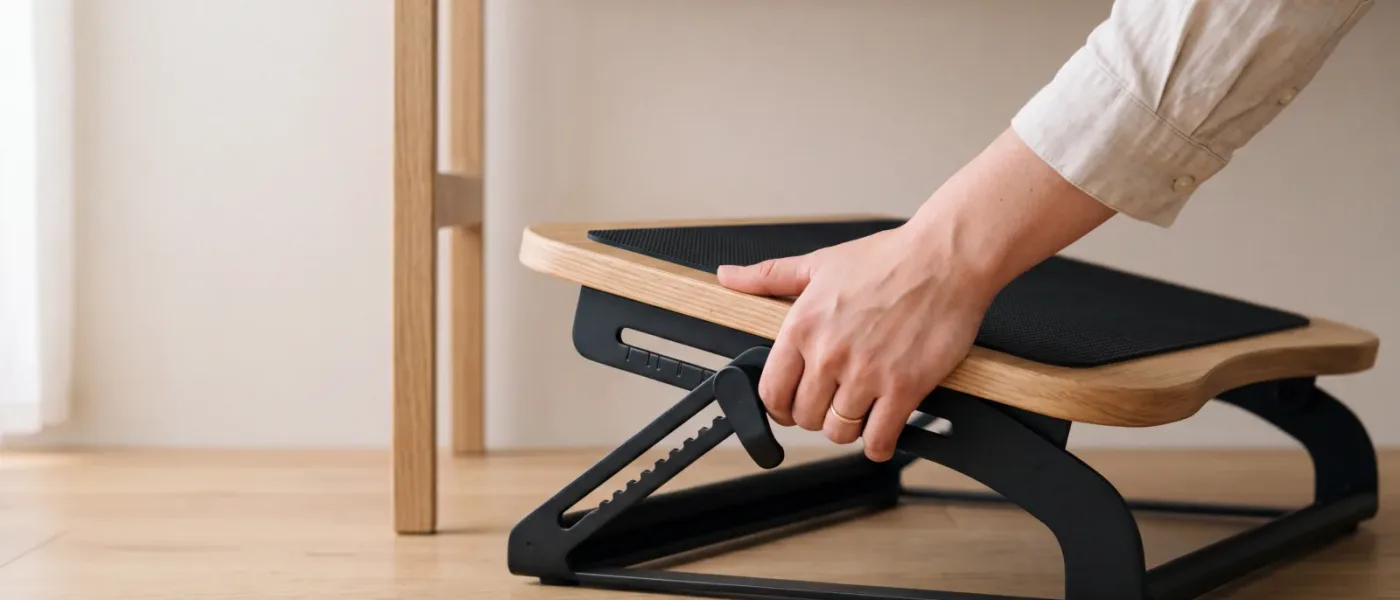 Une main saisit le bord d’un plateau repose-pieds pour le régler d’un cran, le mécanisme latéral bien visible.